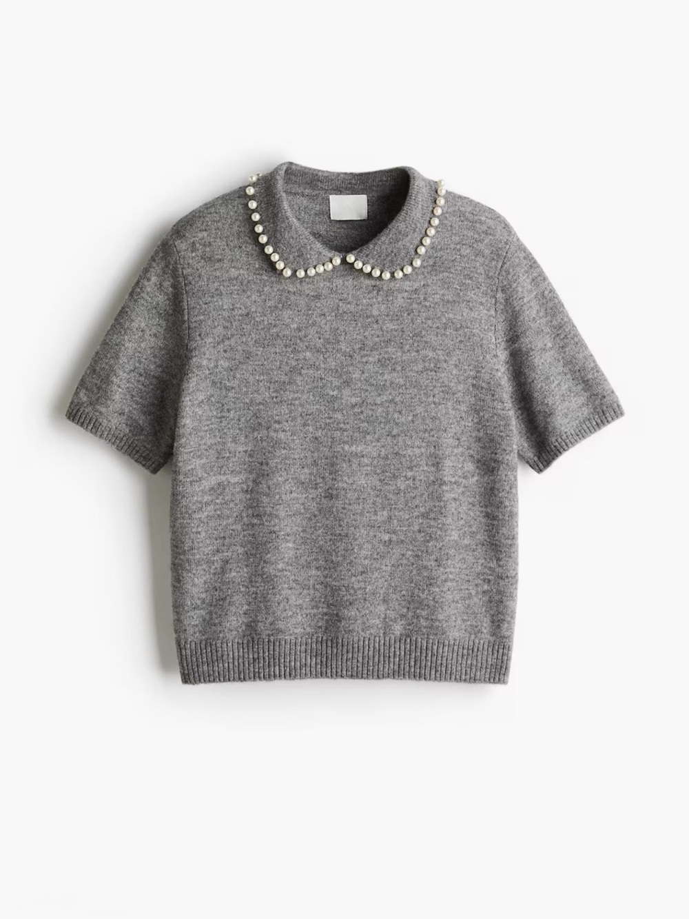 H&M Gray Beaded Peter Pan Collar Knit Sweater Top Short Sleeve Size L